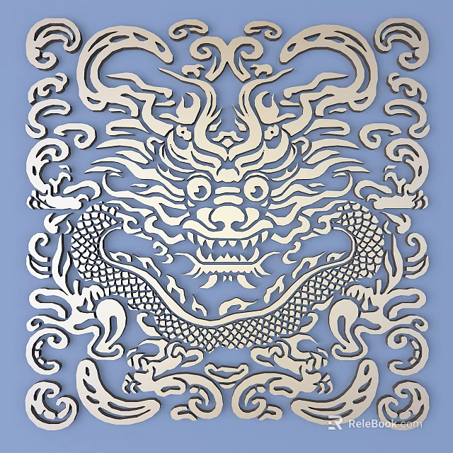 Decorative Golden Dragon Carving on Blue Background with Ornate Scroll Patterns 3d model