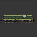 Green Locomotive With Yellow Stripes And Red Bottom On Railway Tracks Gray Background Reflection