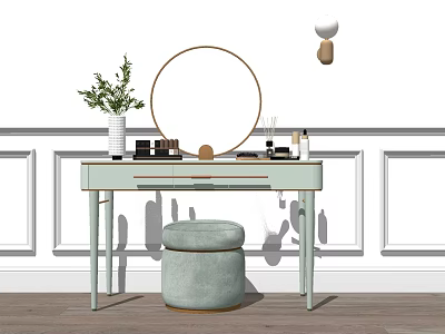 Light Green Dressing Table with Round Mirror White Vase Green Plant Stool and Hanging Lamp 3d model