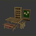 Wooden Dining Table With Red Cushion Bench Stools Bookshelf And Green Board Papers
