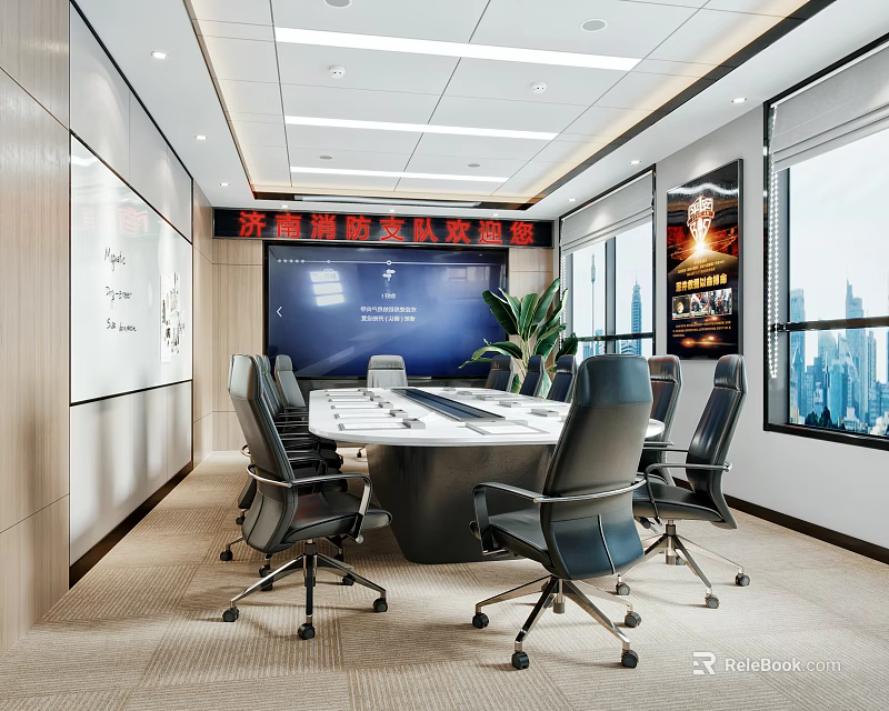 Modern Conference Room Featuring Large Screen Conference Table Chairs Plants And City View Windows 3d model 