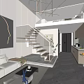 Modern Apartment Interior Design With Loft Staircase Sofa Kitchen Area And Large Artwork
