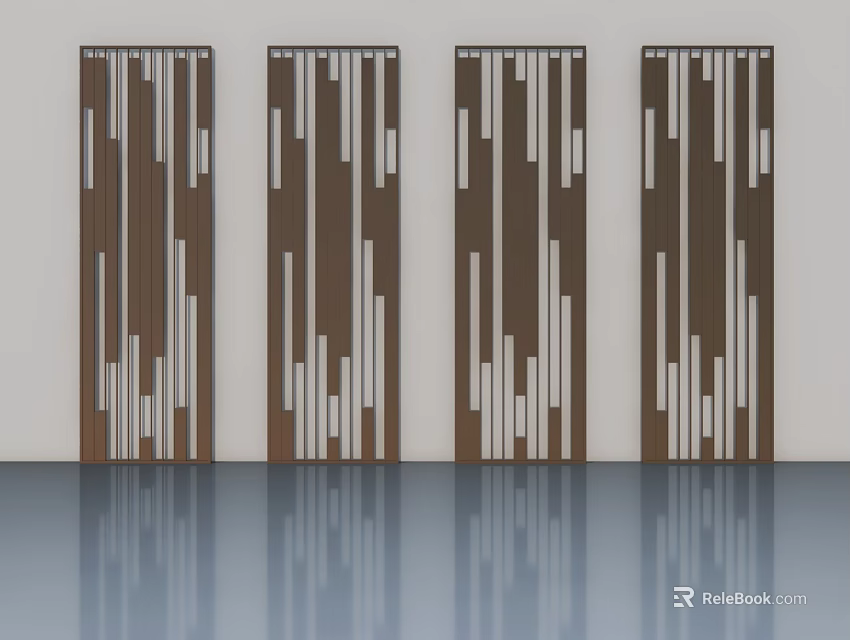 Modern Wooden Flush Doors With Vertical White Stripes In Light Wall Setting 3d model 