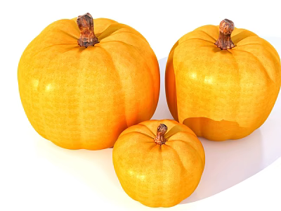 Three Fresh Ripe Yellow Pumpkins in Different Sizes as Nutritious Crop 3d model