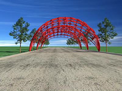 Red Metal Arch Pergola with Trees Along Gravel Path Under Blue Sky and Green Grass 3d model