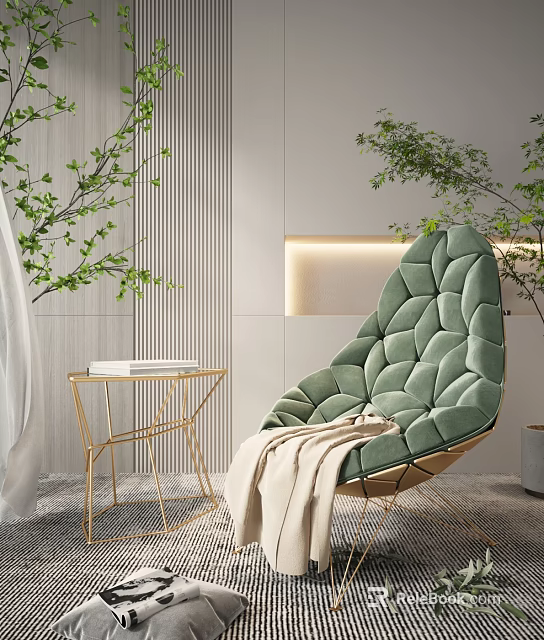 Modern Green Velvet Accent Chair With Quilted Design Gold Metal Legs And Side Table Plants 3d model 