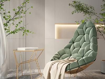 Modern Green Velvet Accent Chair With Quilted Design Gold Metal Legs And Side Table Plants 3d model