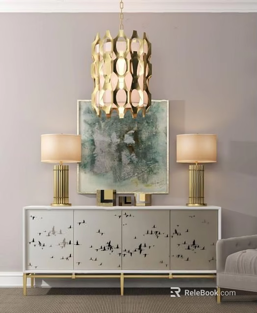 Elegant White Entryway Console Table With Black Birds Pattern Golden Table Lamps And Green Artwork 3d model