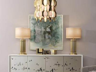 Elegant White Entryway Console Table With Black Birds Pattern Golden Table Lamps And Green Artwork 3d model