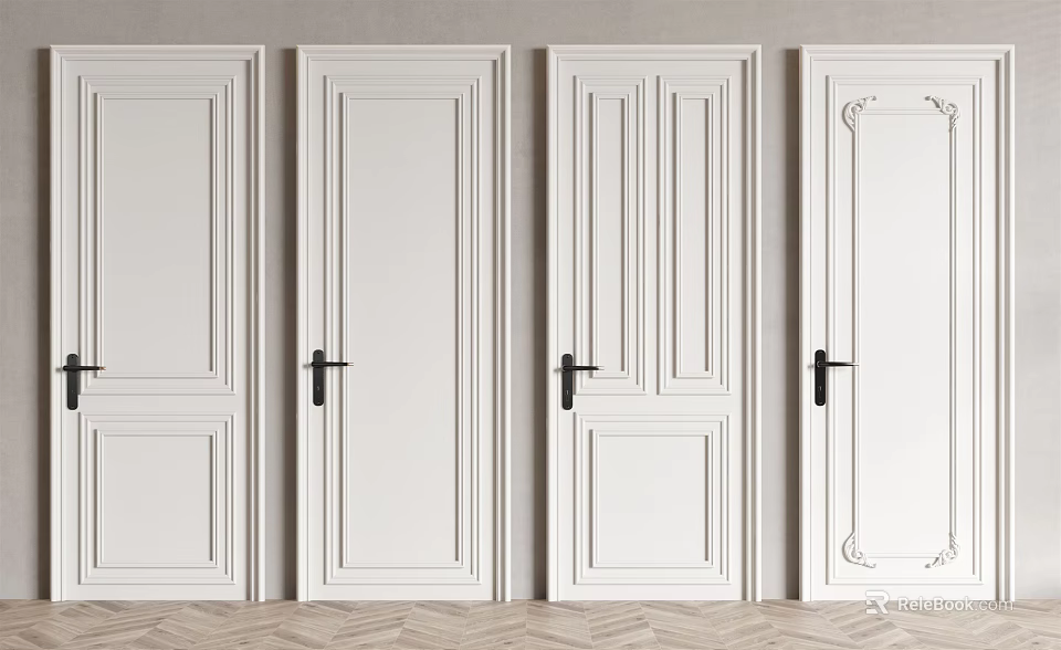 White Hinged Doors With Various Panel Designs And Black Handles For Modern Spaces 3d model 