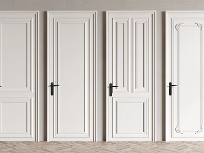 White Hinged Doors With Various Panel Designs And Black Handles For Modern Spaces 3d model