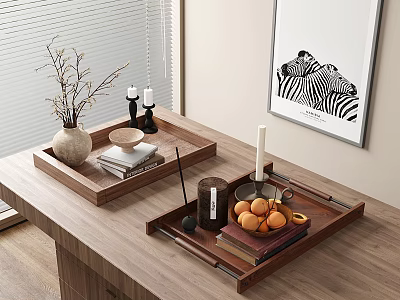 Decorative Ornament Set With Wooden Trays Vase Twigs Candles Books Oranges And Zebra Wall Art 3d model