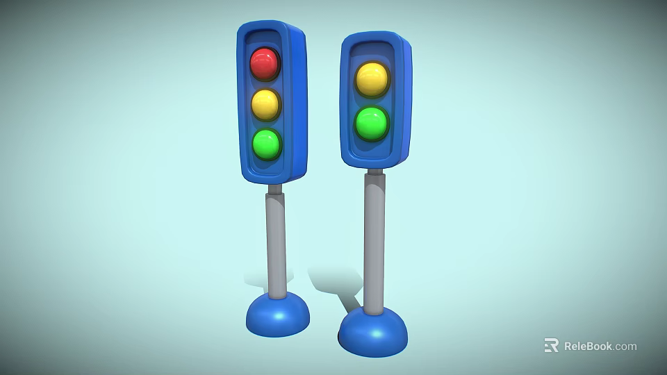 Two Blue Traffic Lights With Red Yellow Green Lamps And Gray Poles Blue Bases 3d model 