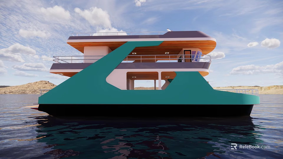 Modern Two Deck Ship With Teal And Wooden Design On Water 3d model 