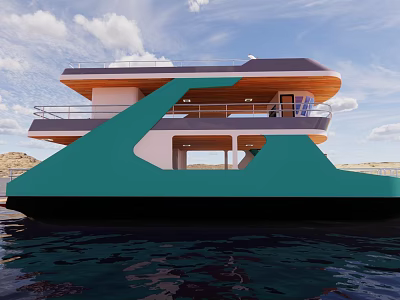 Modern Two Deck Ship With Teal And Wooden Design On Water 3d model