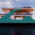 Modern Two Deck Ship With Teal And Wooden Design On Water