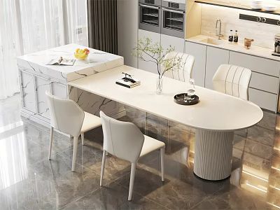 Modern Kitchen Interior With White Marble Island Counter And White Dining Chairs 3d model