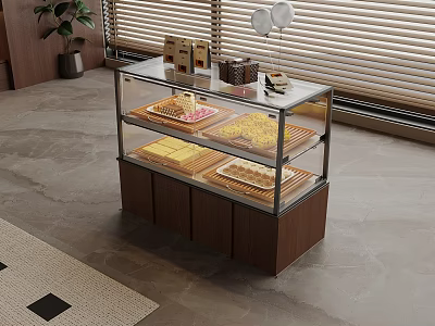 Glass Display Cabinet With Multi tiered Shelves Holding Colorful Desserts In Modern Interior 3d model