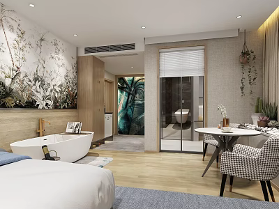 Modern Hotel Guest Room With White Bed Mural Wall Bathtub And Plant Decor 3d model