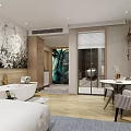 Modern Hotel Guest Room With White Bed Mural Wall Bathtub And Plant Decor
