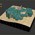 3D Architectural Model With Geometric Blue Structures And Water Elements On Sandy Base