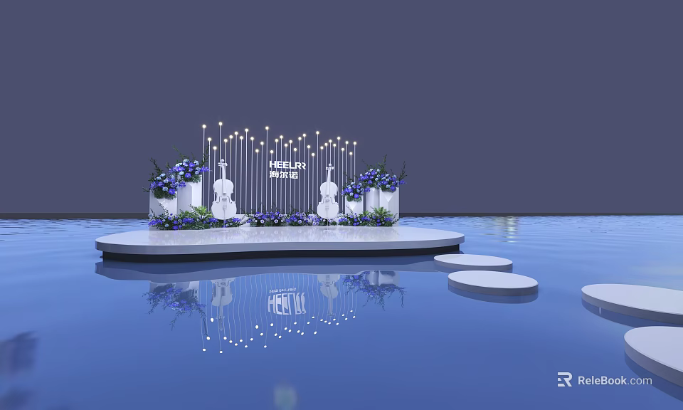 Scenic Photo Check-in Spot With String Lights Purple Flowers Violin Decor Platform And Water Reflection 3d model 