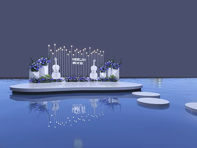 Scenic Photo Check-in Spot With String Lights Purple Flowers Violin Decor Platform And Water Reflection 3d model