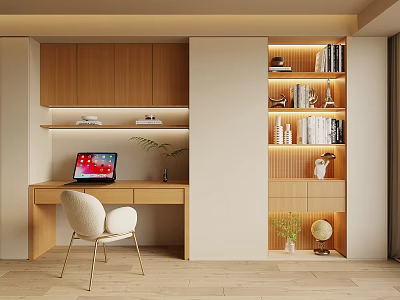 Modern Wooden Bookcase With Integrated Desk Books Decorations And Lighting 3d model
