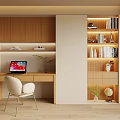 Modern Wooden Bookcase With Integrated Desk Books Decorations And Lighting