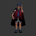 Child Dressed in Blue Cap Red Vest Black Cape and Blue Shoes