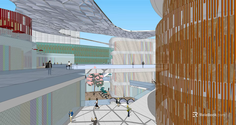 Open Modern Architectural Space With Wooden Structure Glass Elements Pedestrians Greenery And Pink Flowering Tree 3d model 