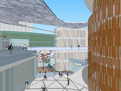 Open Modern Architectural Space With Wooden Structure Glass Elements Pedestrians Greenery And Pink Flowering Tree 3d model