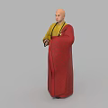 Bald Man In Yellow Top And Red Plaid Robe Holding Object On Gray Background