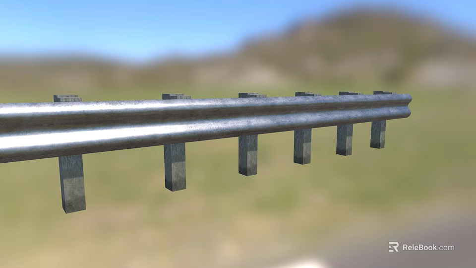 Rural Road Metal Guardrail Structure With Concrete Posts And Natural Background 3d model 