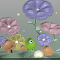 Whimsical Floral Installation With Fluffy Multicolored Flowers Mushroom Decor And Glowing Lights