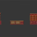 Red Traditional Wooden Furniture Set With Open Shelves Cabinets And Carved Countertop