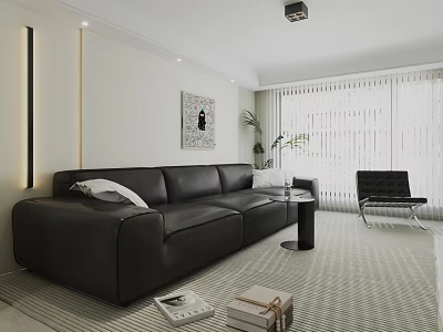 Black Leather Sectional Sofa in Modern Living Room with Round Side Table and Accent Chair 3d model