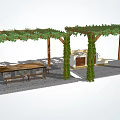 Garden Pergola With Green Vines Long Table Benches Cabinets And Steps