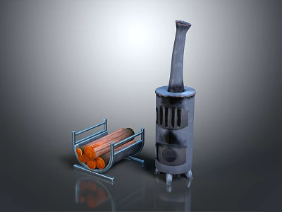 Metal Wood Burning Stove With Tall Chimney And Metal Log Storage Rack 3d model