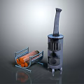 Metal Wood Burning Stove With Tall Chimney And Metal Log Storage Rack