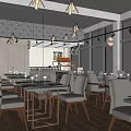 Modern Restaurant Interior With Spacious Open Layout Wooden Tables White Chairs And Pendant Lights