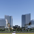 Modern High Rise Office Buildings With Central Plaza And Greenery In Urban Area