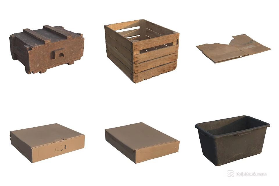Assorted Storage Crates And Boxes With Wooden Cardboard And Plastic Materials 3d model 