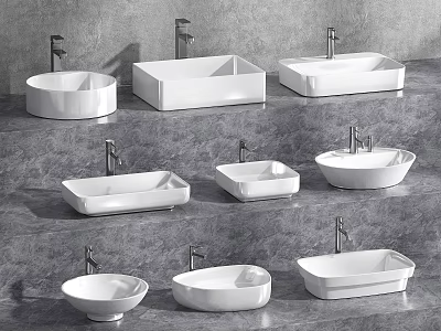 White Washbasins with Various Designs and Faucets on Gray Countertop 3d model