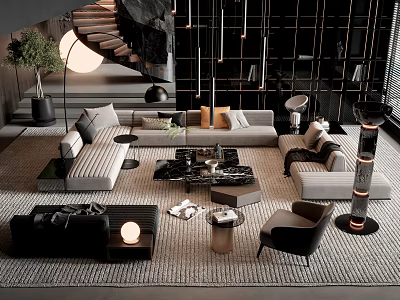 Modern Living Sofa And Coffee Table Set With Area Rug Floor Lamp And Decorative Pillows 3d model