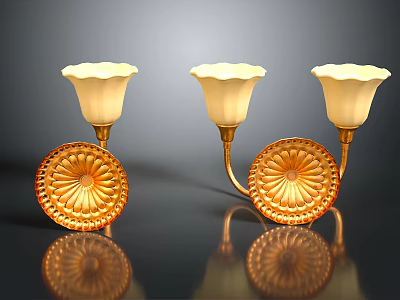 Elegant Golden Candle Holders With White Lampshades And Floral Circular Bases 3d model