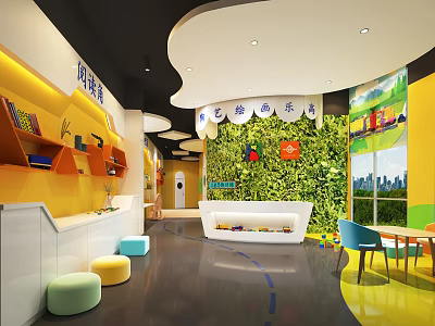 Vibrant Children's Store Front Desk With Yellow Walls White Counter And Colorful Seats 3d model