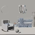 Soft Blue Baby Crib With White Rocking Chair And Hanging Baby Clothes In Nursery Room