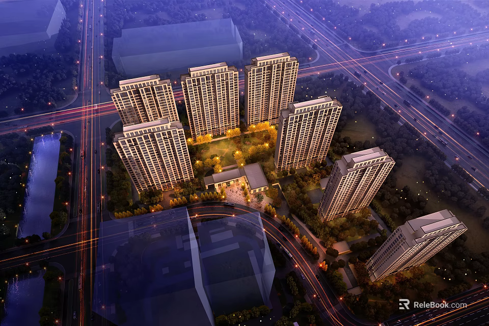 Aerial View Planning of High Rise Residential Complex With Road Network And Green Spaces 3d model 