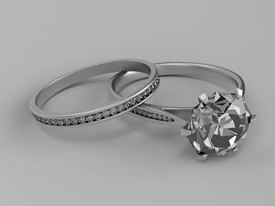 Diamond Rings with Large Central Stone and Small Diamond Inlaid Band in Elegant Platinum Setting 3d model